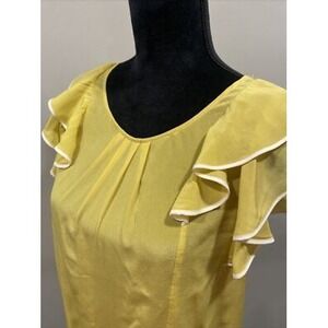 Odille Anthropologie top silk flutter sleeve yellow white trim xs 2 EUC cooling